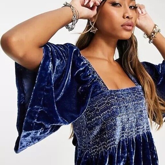 Free People Large Blue Crushed Velvet Easy To Love Mini Dress Boho Party Luxe - Picture 14 of 14